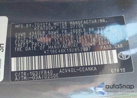 2009 Toyota Camry Le from USA, damaged, VIN 4T1BE46K19U852997